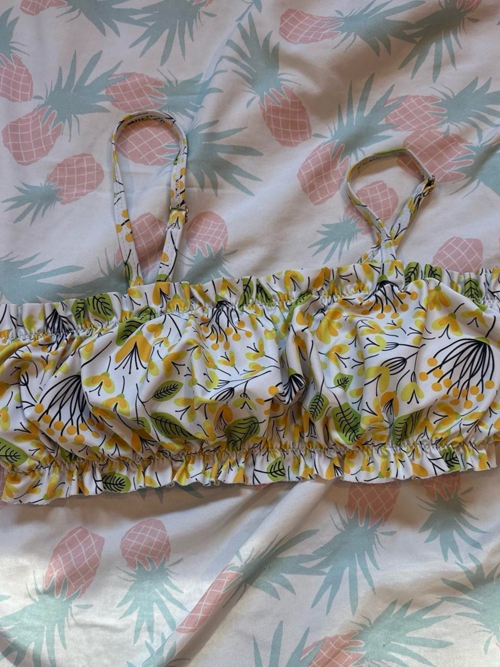 Yellow White Floral Ruffle Bikini Top